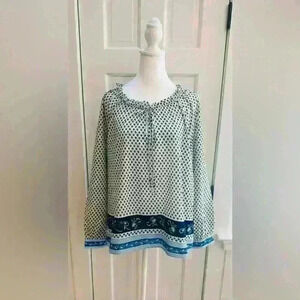 J.Crew Girls Blue Green Floral Print Ruffle Neck Cotton Blouse Top Size L